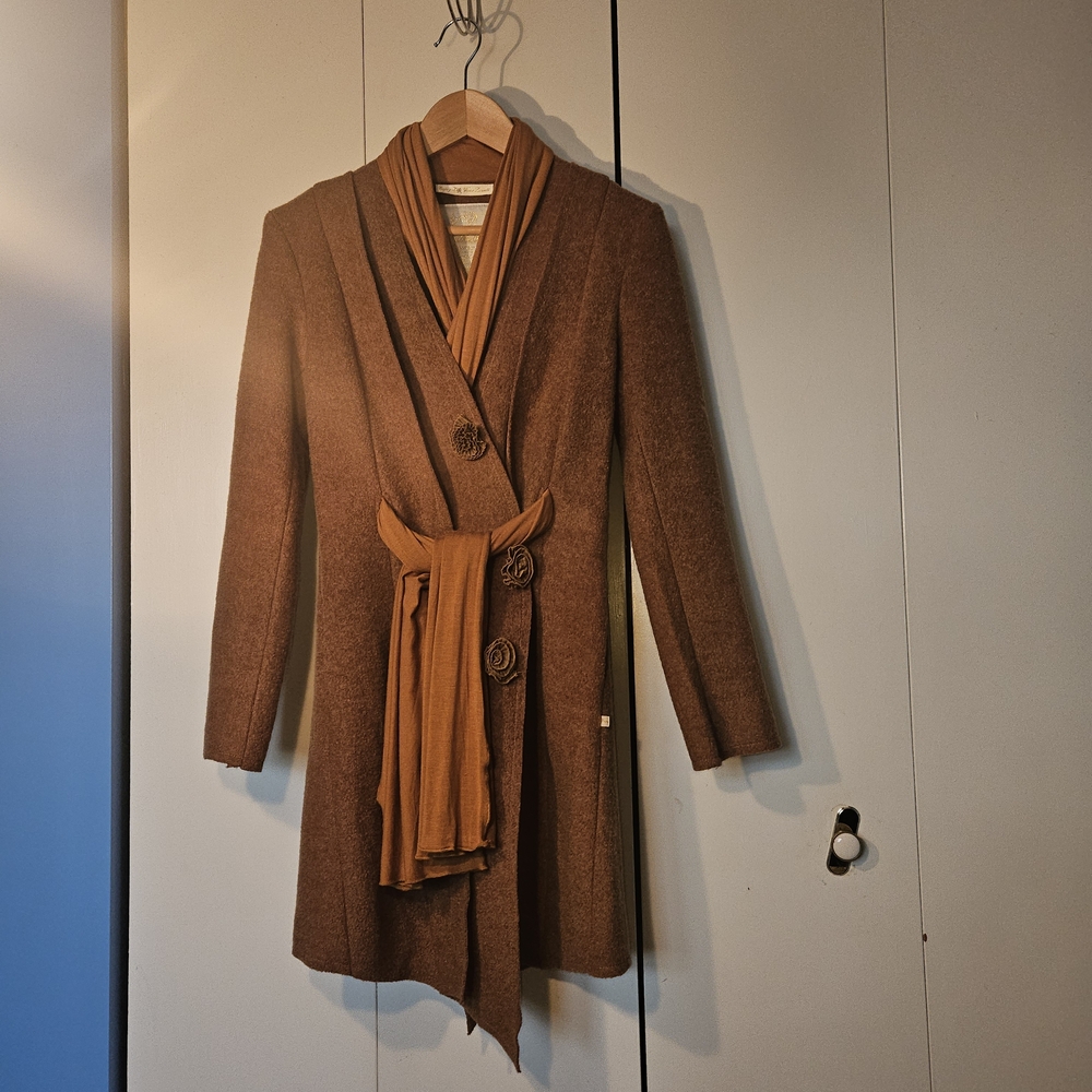 Elegant Tan Trench Coat with Floral Buttons And Built-in Uniquely Designed Scarf